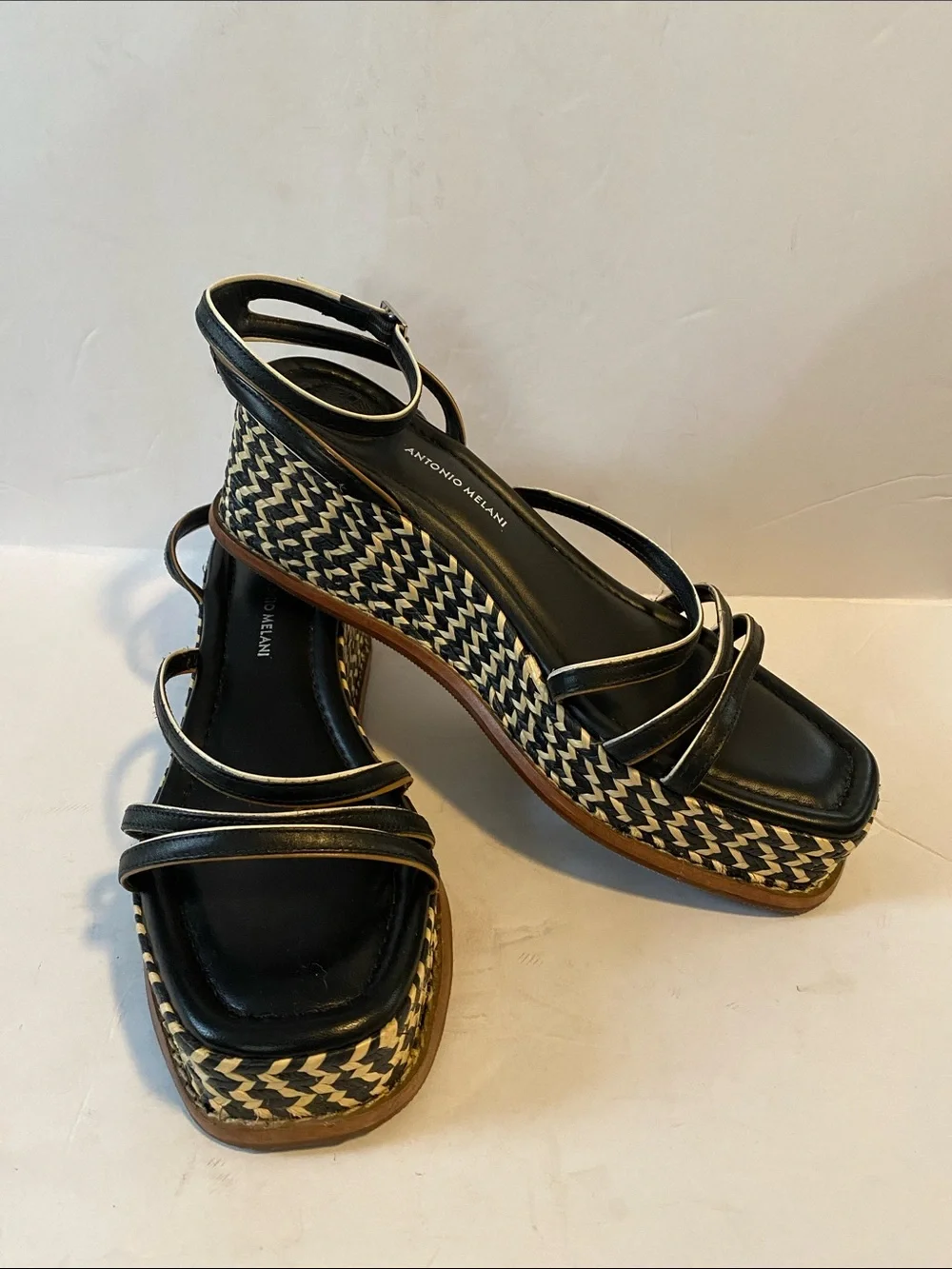 ANTONIO MELANI Black Woven Platform Wedge Sandals